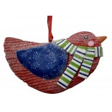 Χριστουγεννιάτικο Κρεμαστό Πουλάκι, Χιονισμένο Κόκκινο με Κασκόλ (11cm)